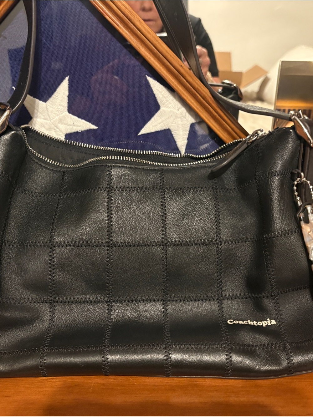 Coachtopia Black Quilted-Grid Shoulder Bag with Top Zip
